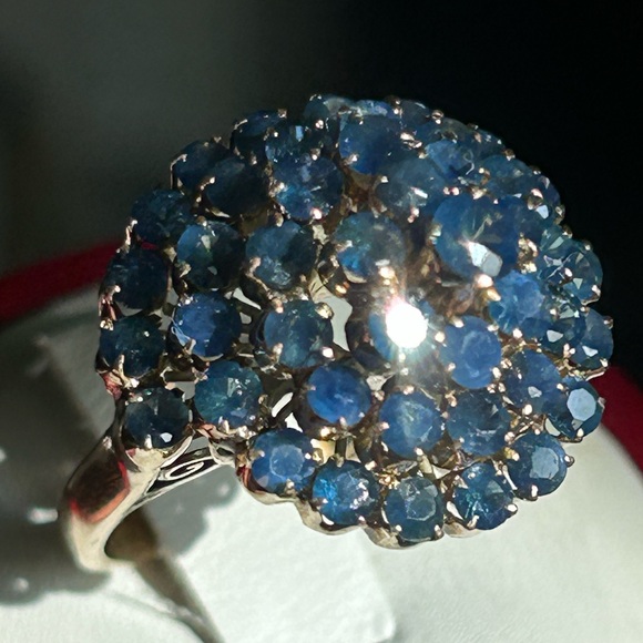 Sold-14K Yellow Gold Spiral Cluster Cocktail Natural Round Shape Blue Sapphire - Picture 10 of 17